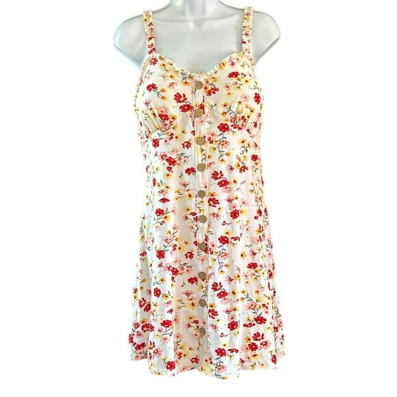 No Boundaries Cream Red Floral Button Front Dress Size 15/17 Y2K 1990s Style - Picture 1 of 5